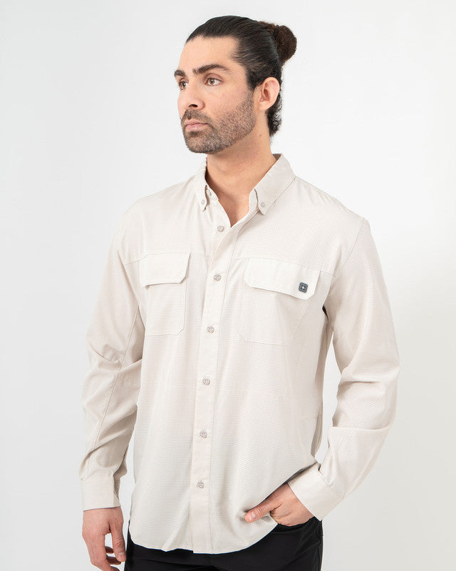 Camisa Pescadero, Khaki, vista frontal, fit Relajado, Poliéster, con Tela estiramiento 4 vías, ideal para oficina