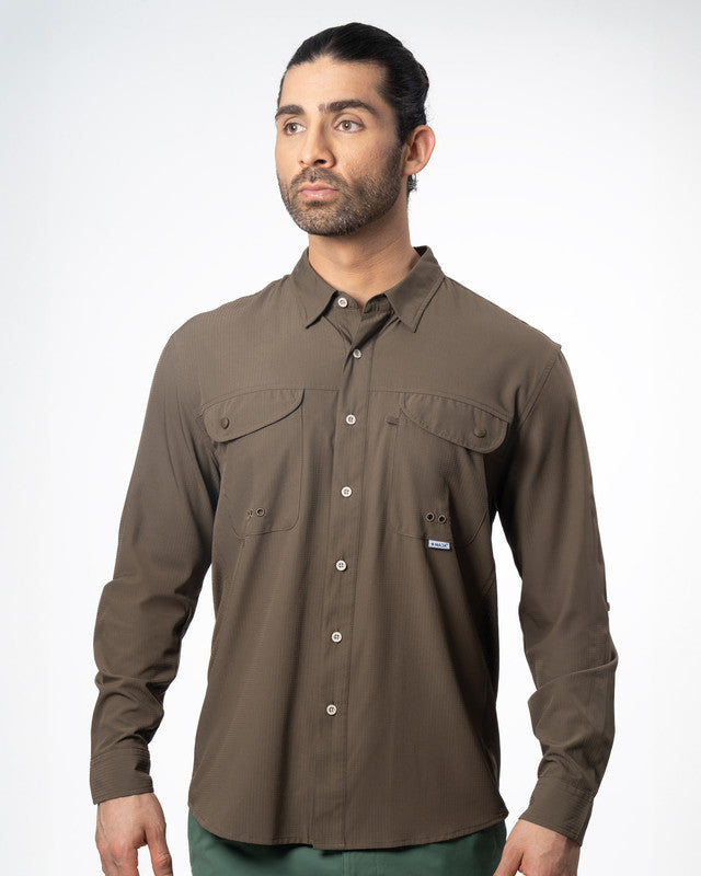 Camisa MAJA® Outdoor Signature, Café, vista frontal, fit Relajado, Poliéster, con Tela antidesgarro, ideal para oficina