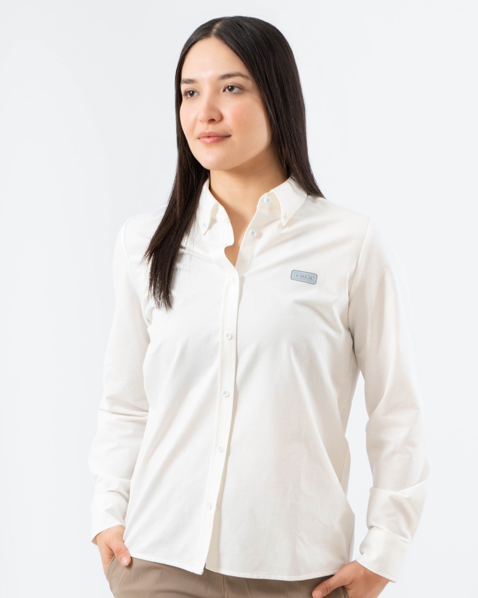 Camisa MAJA® Oxford, Blanco, vista frontal, fit Regular, Poliéster, con Tela antiarrugas, ideal para oficina