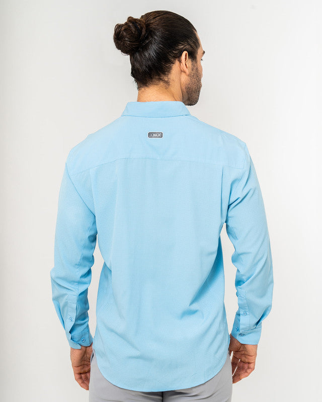 Camisa Pescadero, Azul cielo, vista posterior, fit Relajado, Poliéster, con Tela estiramiento 4 vías, ideal para oficina