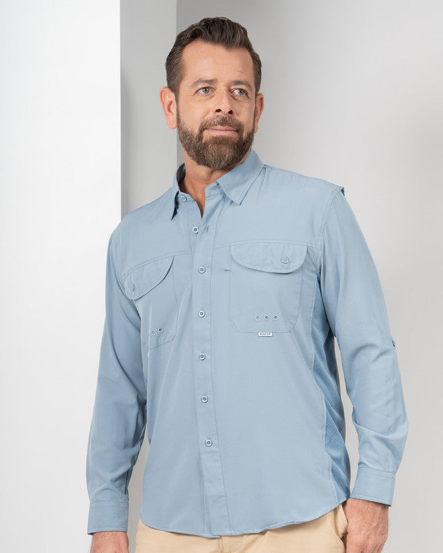 Camisa MAJA® Outdoor Signature, Azul acero, vista frontal, fit Relajado, Poliéster, con Tela antidesgarro, ideal para oficina