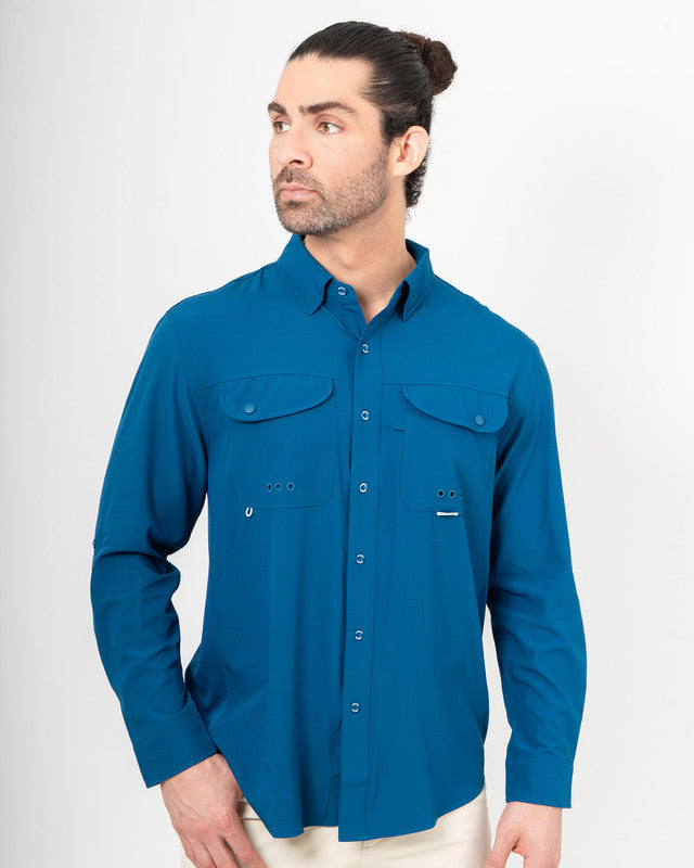 Camisa MAJA® Outdoor Signature, Azul, vista frontal, fit Relajado, Poliéster, con Tela antidesgarro, ideal para oficina