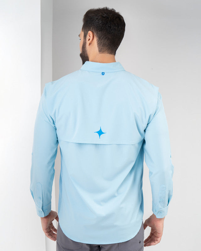 Camisa MAJA® Outdoor Signature, Azul cielo, vista posterior, fit Relajado, Poliéster, con Tela antidesgarro, ideal para oficina