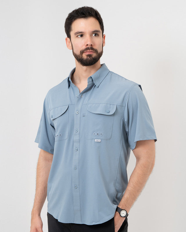 Camisa MAJA® Outdoor Signature, Azul acero, vista frontal, fit Relajado, Poliéster, con Tela antidesgarro, ideal para oficina