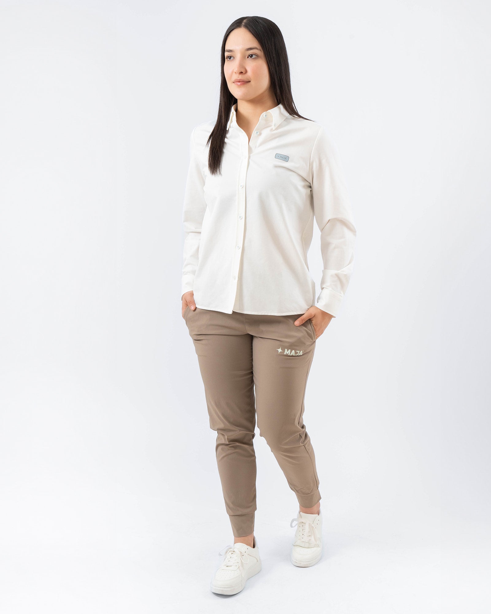 Camisa MAJA® Oxford, Blanco, detalle, fit Regular, Poliéster, con Tela antiarrugas, ideal para oficina